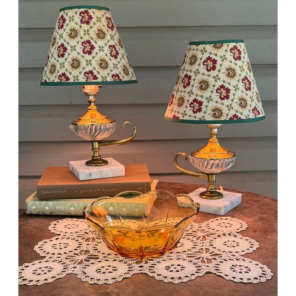 Vintage Mid-Century Marble Brass Glass Boudoir Lamps RARE Matching Pair